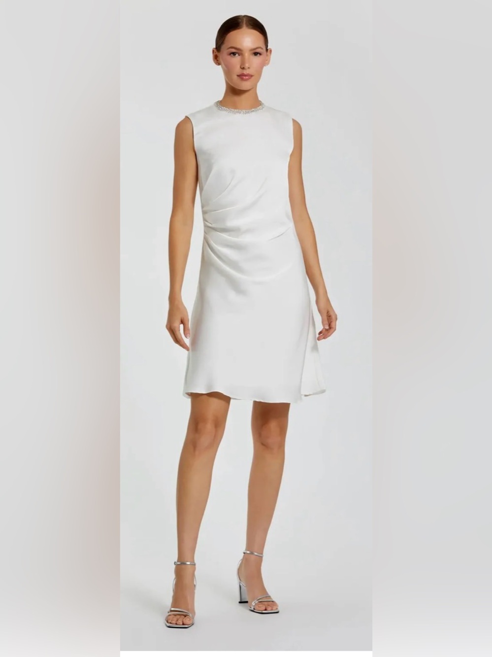 Mac Duggal - 556971 White Rhinestone Neckline Draped Mini Dress Size 8